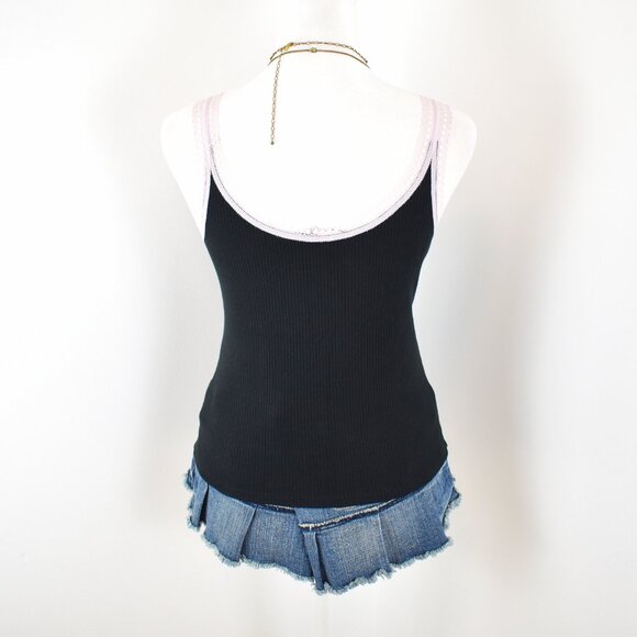 Victoria's Secret Early 2010s Y2K Black Ribbed Pink Lace Trim Tank Top Size S - Picture 3 of 6